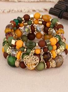 4pcs/Set Retro Bohemian Colorful Beaded Bracelets, Hollow Heart Crystal Pendant Multilayer Faux Pearl Strand Bracelet For Women