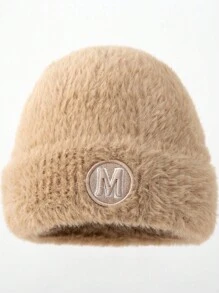 1頂女士冬季針織帽，帶耳暖和刺繡字母圖案，適用於日常穿著和戶外