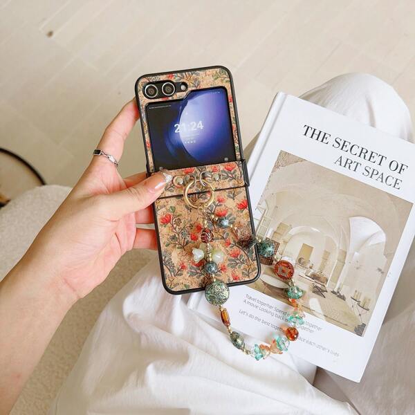 Wooden Grain Folding Screen Phone Case, Floral Vintage Handheld, Festival Gift Compatible With Samsung FLIP3/FLIP4/FLIP5/FLIP6