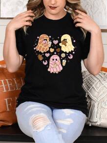 Oversized Style For Women, Happy Ghosts With Treats T-Shirt, Unisex Tee For Everyone, Celebrating Dia De Los Muertos, Unique And Fun Design, Loose Type T-Shirt For Women