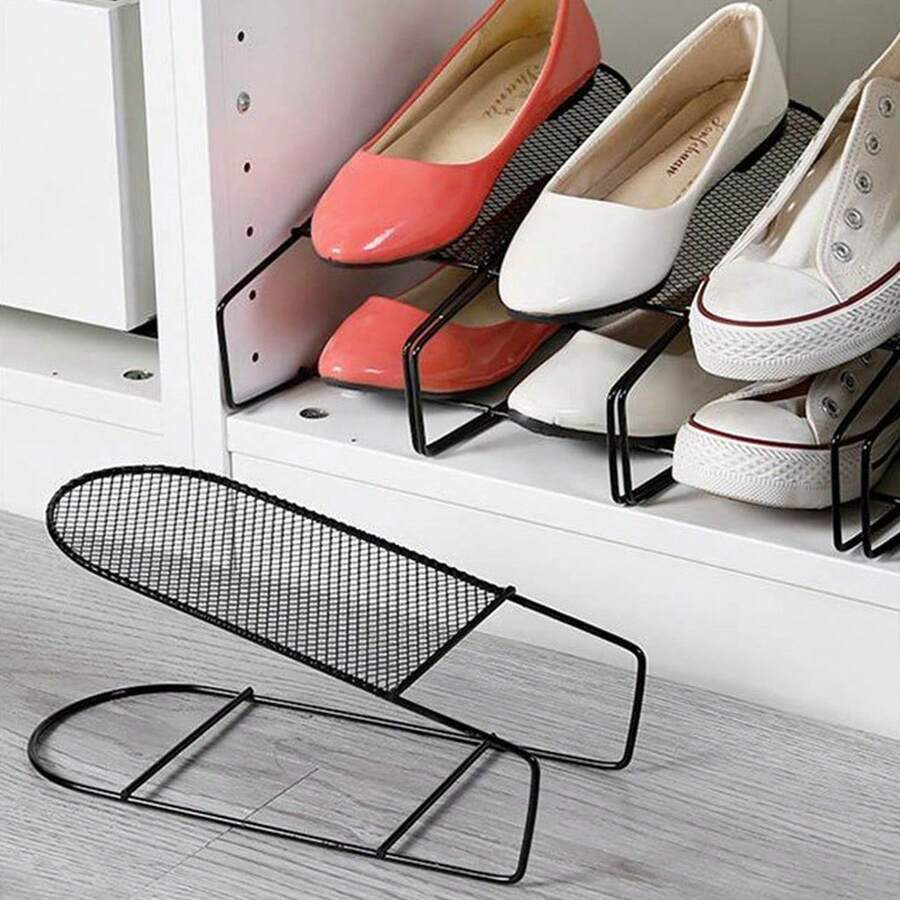 1件铁艺双层鞋架创意金属丝鞋柜鞋子收纳架简易立体鞋子支撑架 - 黑色 - 查看 1