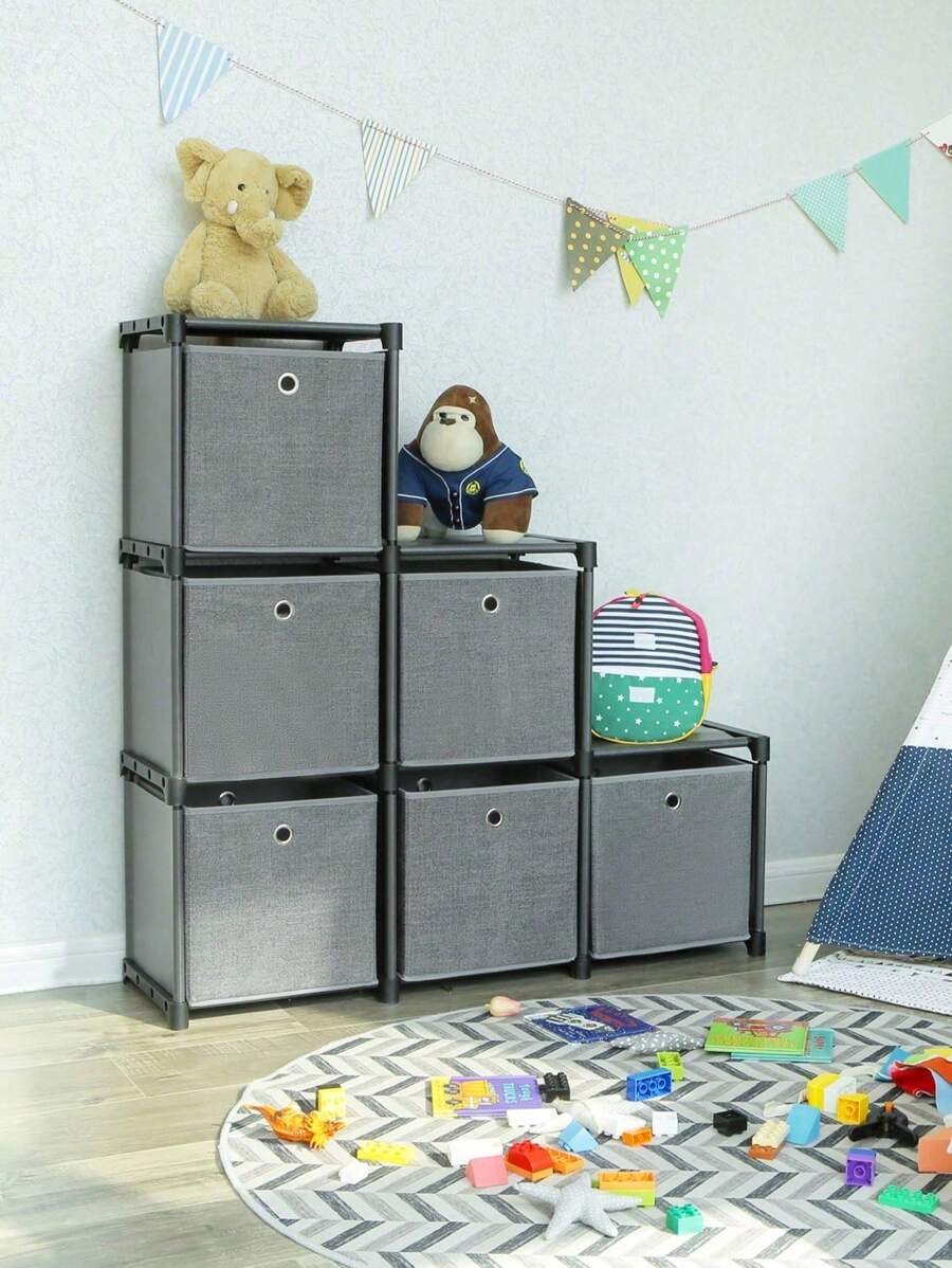 SONGMICS Ladder Storage Unit, 6 Cubes With 6 Storage Boxes, DIY Closet Organiser, Multifunctional With Modular Design, Sturdy Metal Frame, Includes Rubber Mallet, 105 X 30 X 105 Cm, Black - Black - View 1