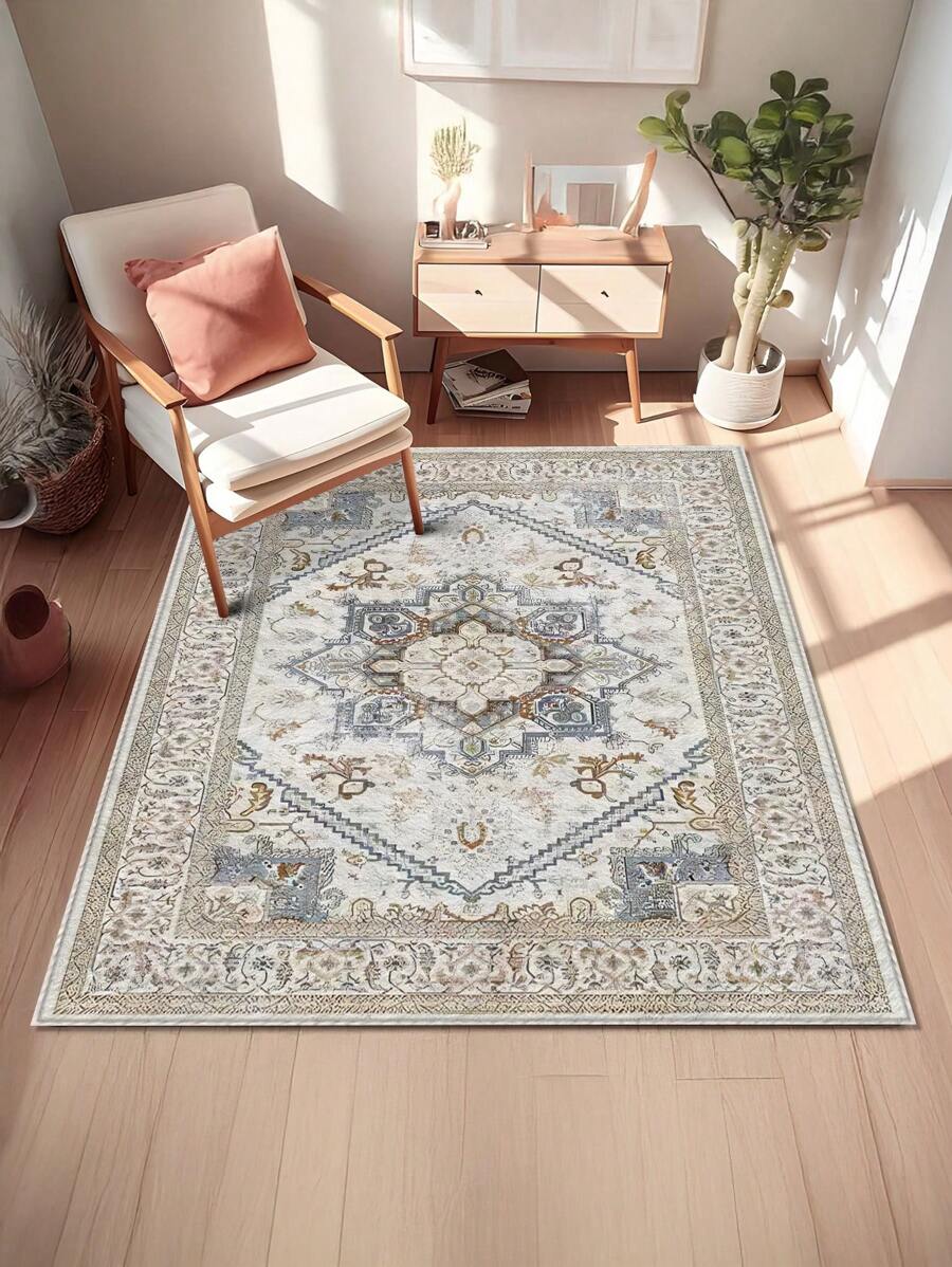 1 件毛绒羊毛和水洗帆布材料地毯，驼色波西米亚风格花卉图案，柔软轻盈的面料，舒适且易于清洁，可机洗，适用于室内/室外、客厅、卧室、书房、入口