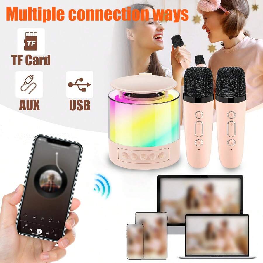 Kids Karaoke Machine Portable Speaker With 2 Wireless Mics Disco Lights
