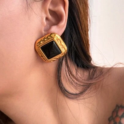 S SHOPBOHO 1 par de pendientes de botón ovalados únicos, piedra de ojo de tigre natural y color dorado