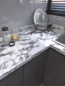 1 Cuộn Giấy dán tường chống thấm nước bằng nhựa PVC vân đá cẩm thạch cho phòng tắm, bàn bếp, mặt bàn bếp Ambry, miếng dán tự dính để trang trí đồ nội thất - Đen và trắng - Xem 4