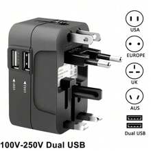 1 szt. Uniwersalny adapter podróżny, 2 porty USB, zasilacz sieciowy dla podróżujących na całym świecie, do Australii, USA, Wielkiej Brytanii i UE