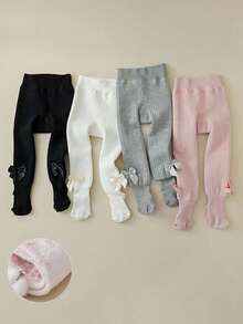 1双儿童冬季打底裤加绒加厚宝宝连裤袜纯色连裤袜配小蝴蝶结可秋冬穿着简约舒适厚实保暖。 - 彩色 - 查看 1