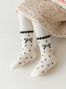 3 đôi tất cao đến đầu gối ấm áp dày có họa tiết nơ và trái tim cho trẻ em, phù hợp mặc thường ngày vào mùa thu/đông - Nhiều màu - Xem 6