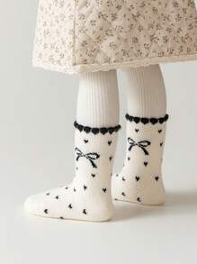 3 đôi tất cao đến đầu gối ấm áp dày có họa tiết nơ và trái tim cho trẻ em, phù hợp mặc thường ngày vào mùa thu/đông - Nhiều màu - Xem 5