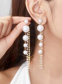 1 对水钻和珍珠流苏耳坠耳环，时尚个性化长款设计耳环，适合女士