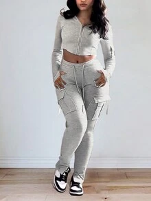 Women Autumn Solid Color Long Sleeve Zip Front Hooded Jacket & Side Slit Pocket Pants Set - Light Grey - View 4