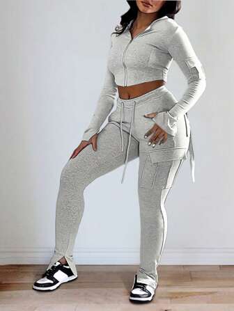 Women Autumn Solid Color Long Sleeve Zip Front Hooded Jacket & Side Slit Pocket Pants Set