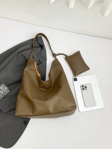 1 件纯色可折叠大容量 PU 单肩包，复古休闲轻便学生购物手提包 - 卡其色 - 查看 11