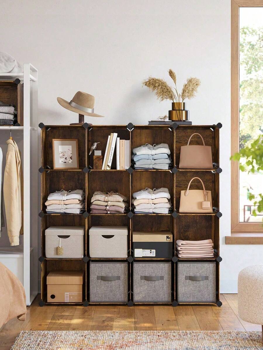 SONGMICS 16-Cube Storage Unit, Shoe Rack, DIY Shelving System, Stackable Cubes, PP Plastic Shelf, Wardrobe, Closet Divider, For Bedroom, Office, 31 X 123 X 123 Cm, Vintage Brown - Chocolate Brown - View 1