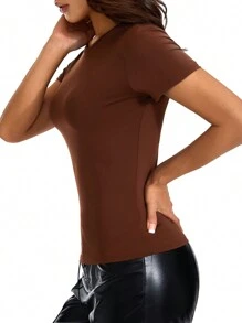 Women Fashion Wild T-Shirts Solid Color Round Neck Long Sleeve Bottoming Shirts Spring Autumn Slim Fit Streetwear - Brown - View 1