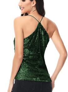 Women's Scoop Neck Razer Back Sequin Spaghetti Strap Camisole Tank Top Blouse - Dark Green - View 2