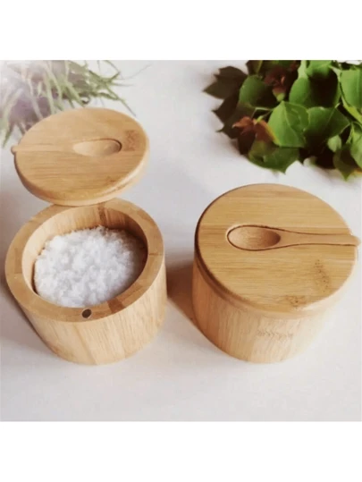 1 pieza Salero de bambú, Frasco para especias/Caja de almacenamiento de bambú con tapa giratoria magnética, capacidad de 6 onzas, adecuado para sal de cocina, baño, velas aromáticas, regalos, para almacenamiento y organización de alimentos, utensilios de cocina (frasco vacío), cocina, suministros de cocina, alimentos, cocina, condimentos, especias, pimienta, ajo, sal, organizador, fiesta, decoración de habitación