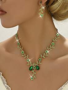 1 套 1 对耳环 + 1 条项链，花朵设计迷人复古时尚珠宝套装，女士水钻配饰，适合婚礼派对 - 綠色 - 查看 8