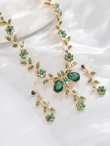 1 套 1 对耳环 + 1 条项链，花朵设计迷人复古时尚珠宝套装，女士水钻配饰，适合婚礼派对 - 綠色 - 查看 5