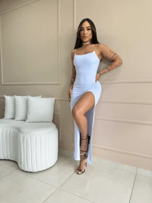 Women's Long Dress With Thin Straps, Ribbed Suplex Fabric, Sexy, Elegant, Casual, For Parties And Events, With Front Slit, Fitted To The Body, Summer Fashion, Comfortable, Versatile, Chic Look For Night Or Day - trắng - Xem 1