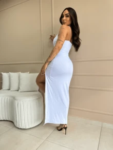 Women's Long Dress With Thin Straps, Ribbed Suplex Fabric, Sexy, Elegant, Casual, For Parties And Events, With Front Slit, Fitted To The Body, Summer Fashion, Comfortable, Versatile, Chic Look For Night Or Day - trắng - Xem 2