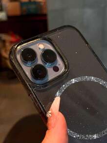 1 件爱心闪光水钻装饰磁力吸附软壳手机壳适用于 iPhone16Promax/16/16Pro/16Promax/15Promax/15Pro/15/15plus/14/13/11/XR/7/8 (黑色) 磁片 + 手机壳 - 黑色 - 查看 5