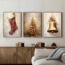 Set Of 3 Unframed Christmas Tree Bell Stocking Rustic Vintage Art Poster Retro Farmhouse Decor Xmas Festival Canvas Painting Print Modern Christmas Holiday Wall Picture For Dorm,Living Room,Bedroom,Apartment,Home Decoration
