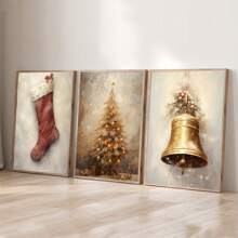 Set Of 3 Unframed Christmas Tree Bell Stocking Rustic Vintage Art Poster Retro Farmhouse Decor Xmas Festival Canvas Painting Print Modern Christmas Holiday Wall Picture For Dorm,Living Room,Bedroom,Apartment,Home Decoration