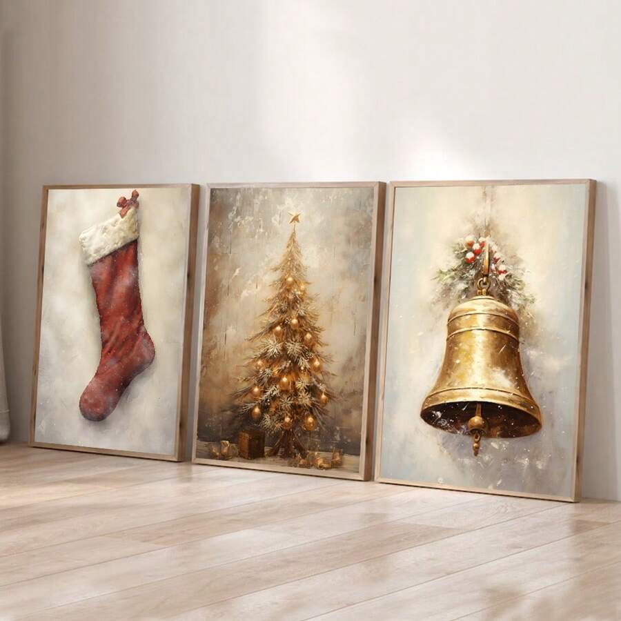 Set Of 3 Unframed Christmas Tree Bell Stocking Rustic Vintage Art Poster Retro Farmhouse Decor Xmas Festival Canvas Painting Print Modern Christmas Holiday Wall Picture For Dorm,Living Room,Bedroom,Apartment,Home Decoration