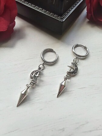 1 对朋克摇滚不锈钢尖刺星月耳环，适合女性日常佩戴哥特式珠宝配饰