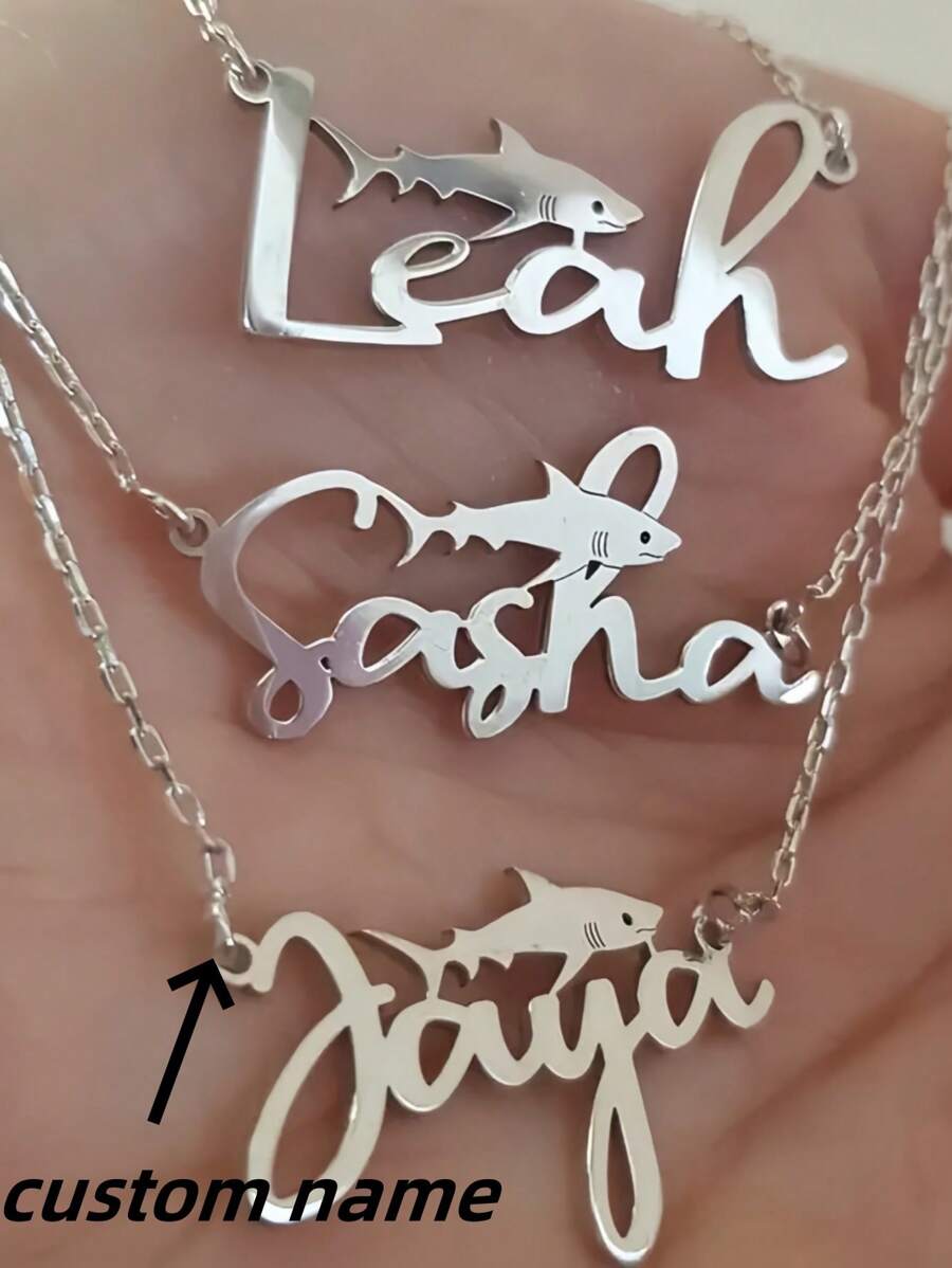 1pc Silver Women's Custom Name Shark Pendant Necklace, Personalized Hip Hop Gothic Stainless Steel Jewelry, Fashion Electroplating With Name Shark Whale Pendant, Daily Party Accessories, Birthday Gifts,Silver,Stylish,Colorful,Vintage,Simple,Unisex,Casual,Cuties,Custom,Personalized,Unique,Ideal Gifts For Him,Ideal Gifts For Her,Her,Boyfriend,Girlfriend,Dad,Mom,Family,Friends,For Anniversaries,For Birthdays,For Graduation,For Prom,For Party,Stainless Steel Jewelry,New Year Glamour - Multicolor - View 1