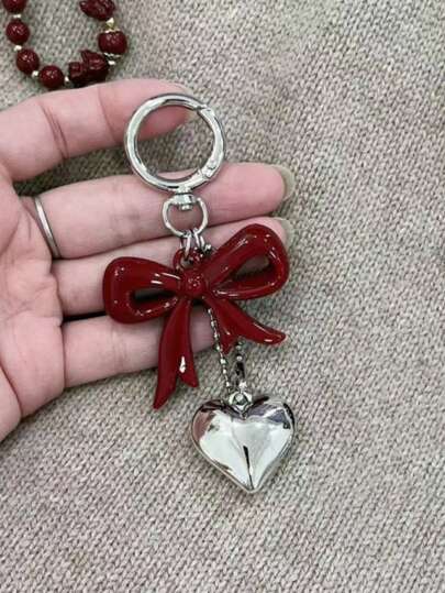 1 件男女通用新款安哥拉红蝴蝶结心形吊坠钥匙扣，时尚蝴蝶结装饰包包饰品情人节情人节礼物纪念品学校汽车配件可爱哥特 Y2k
