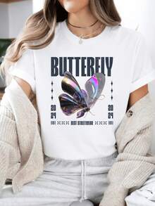 Oversized Style For Women, Iridescent Butterfly Graphic Tee Comfortable Cotton Unisex Stylish For Nature Lovers And Everyday Wear, Loose Type T-Shirt For Women - 白色 - 查看 2