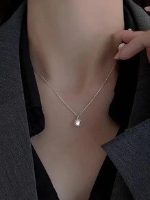 1pc S925 Sterling Silver Simple Elegant Pearl Necklace For Women, Delicate, Chic, Small Collarbones Chain, Great Gift