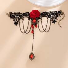 1 件万圣节无指网状流苏手链，朋克金属玫瑰蕾丝花朵装饰手饰女士 - 黑色 - 查看 5