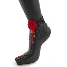 1 件万圣节无指网状流苏手链，朋克金属玫瑰蕾丝花朵装饰手饰女士 - 黑色 - 查看 7