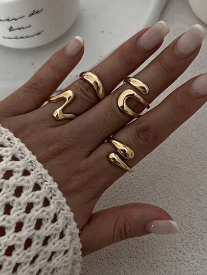 4pcs Vintage Geometric Hollow & Liquid Abstract Adjustable Gold Rings Set, Charming Jewelry Accessory Suitable For Women's Daily, Casual & Festival Decoration, Gift