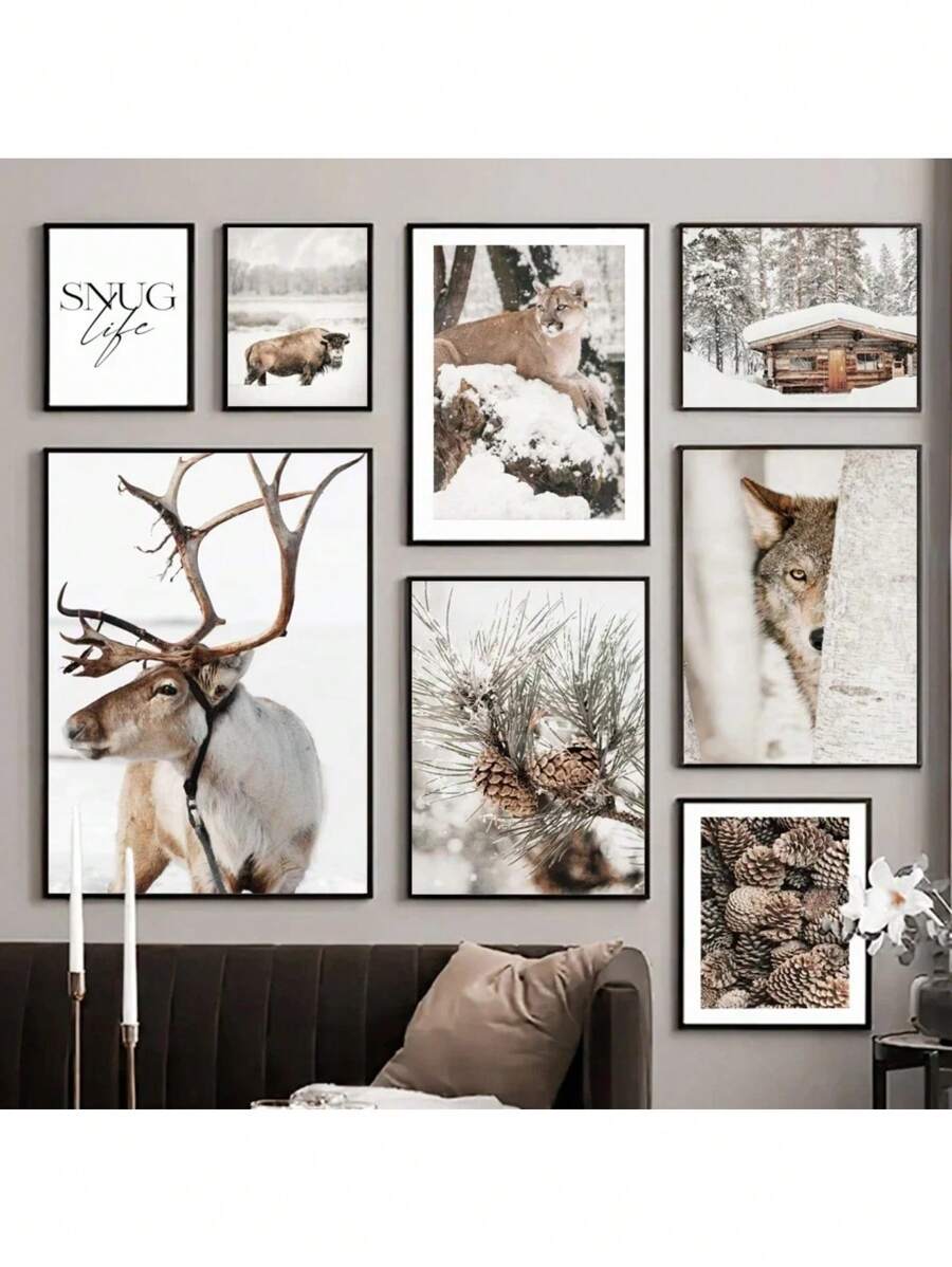 1 Stück Leinwand Gemälde Winterlandschaft Wandkunst Bild Elch Tier Holz Kiefernwald Poster und Muster für moderne Heim Wohnzimmer Dekoration ohne Rahmen
