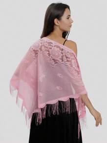 1 chiếc khăn choàng tam giác ren hoa dành cho nữ, khăn choàng tua rua cho phù dâu, khăn choàng thời trang dự tiệc tối đa năng - Hồng - Xem 2