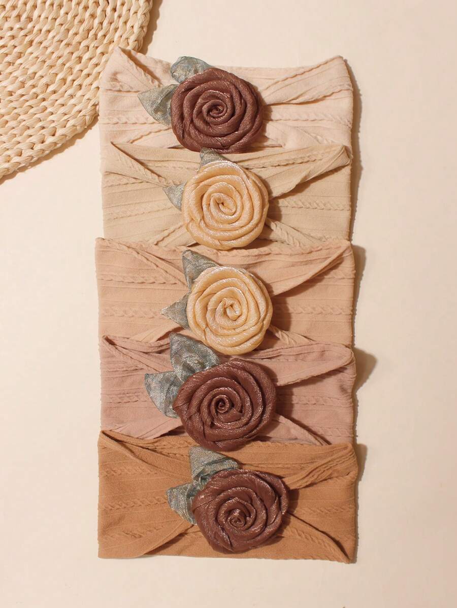 5pcs Newborn Coffee-Color Soft Elastic Breathable Fashion Baby Headbands, Suitable For Daily Wear All Seasons