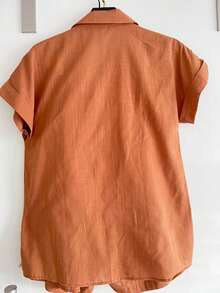 ISA FASHION 100% Cotton Linen Shirt + Shorts Set/Button/Zipper/Belt/Pocket/Lining/Women - 棕色 - 查看 2