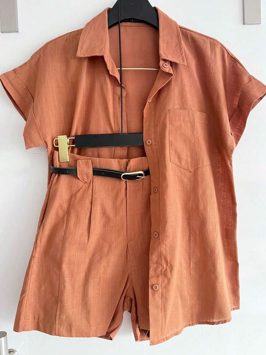 ISA FASHION 100% Cotton Linen Shirt + Shorts Set/Button/Zipper/Belt/Pocket/Lining/Women - 棕色 - 查看 1