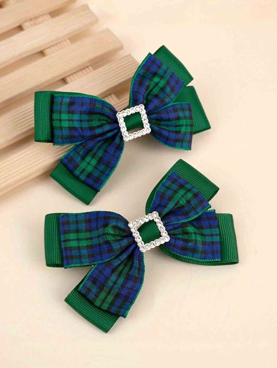 2/8 Pieces Of Elegant Green Plaid Bow Hairpin With Rhinestones, Retro
