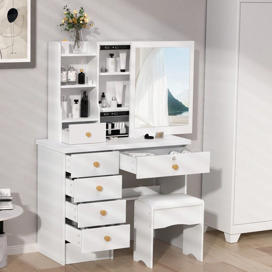 Vanity Desk With Sliding Mirror, Bedroom Dressing Table, Makeup Desk With 6 Drawers, Open Shelves, Hidden Storage Space - White - View 1