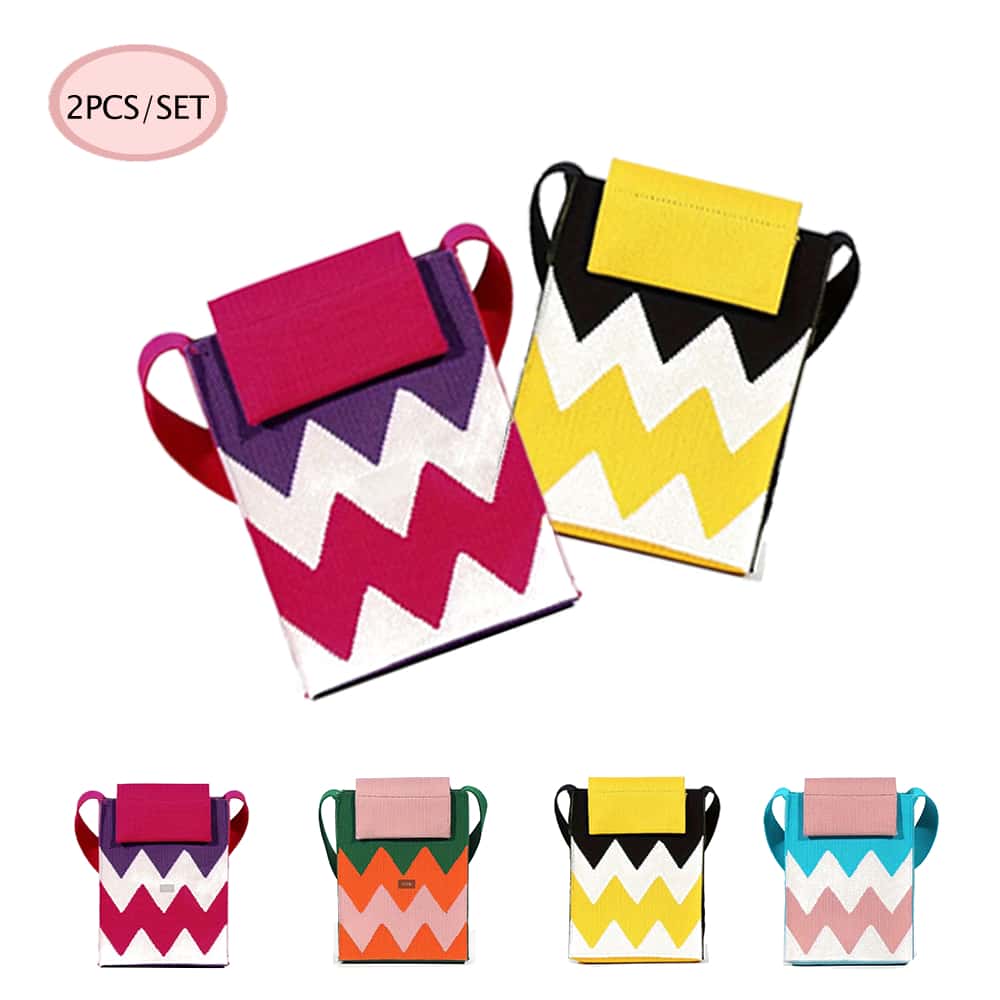 2Pcs/SET Women's Geometric Pattern Hook Needle Woven Mobile Phone Bag, Fashion Multi -Function Cross -Body Bag, Must Be Necessary For Portable Travel, Suitable For Placing Mobile Phones Or Other Small Items. - 紫紅+黃色 - 查看 1