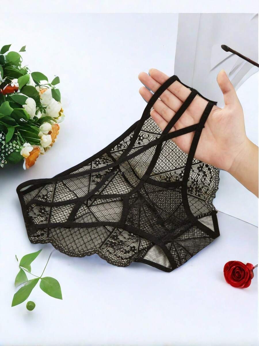 情趣内衣网红奢华性感镂空透视蕾丝女士内裤透气法式时尚女士三角裤透明底裤 - 黑色 - 查看 1