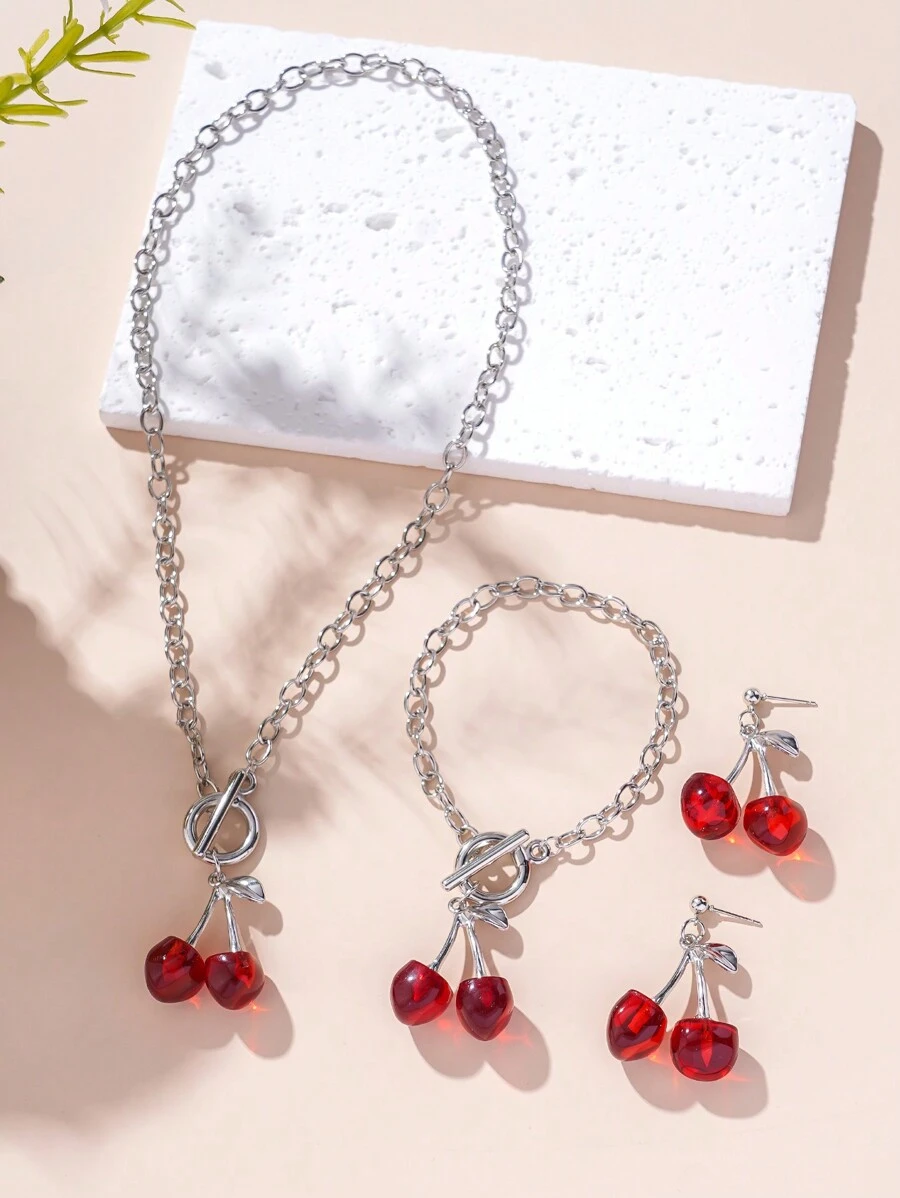 4pcs/Set Acrylic Cherry Pattern Jewelry Set - Vintage OT Clasp Necklace & Earrings, Accessories For Women - Women's Cherry Jewelry Set - View 1