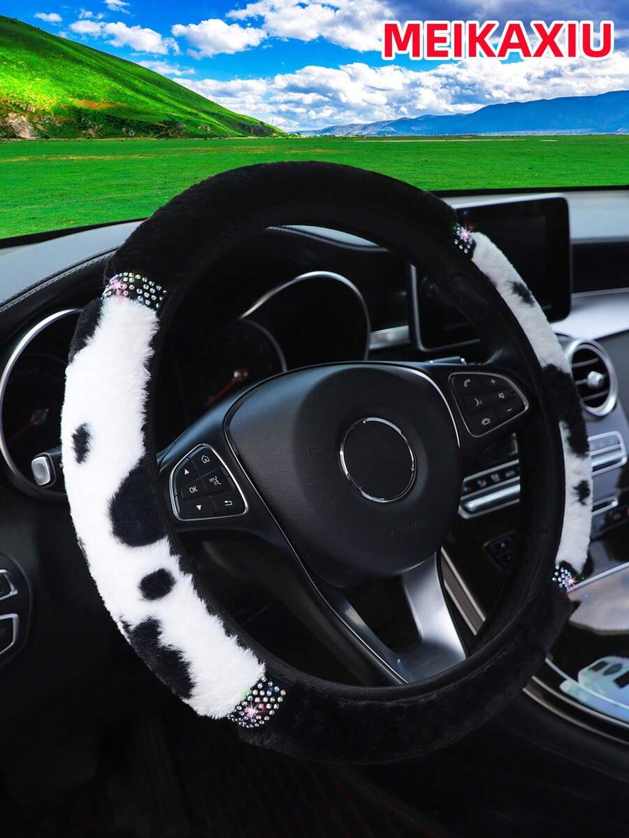 MEIKAXIU 1pc Plush Cow Studded Bling Bling Winter Warm Steering Wheel Cover For 14.5-15 Inch Car Interior, Comfortable