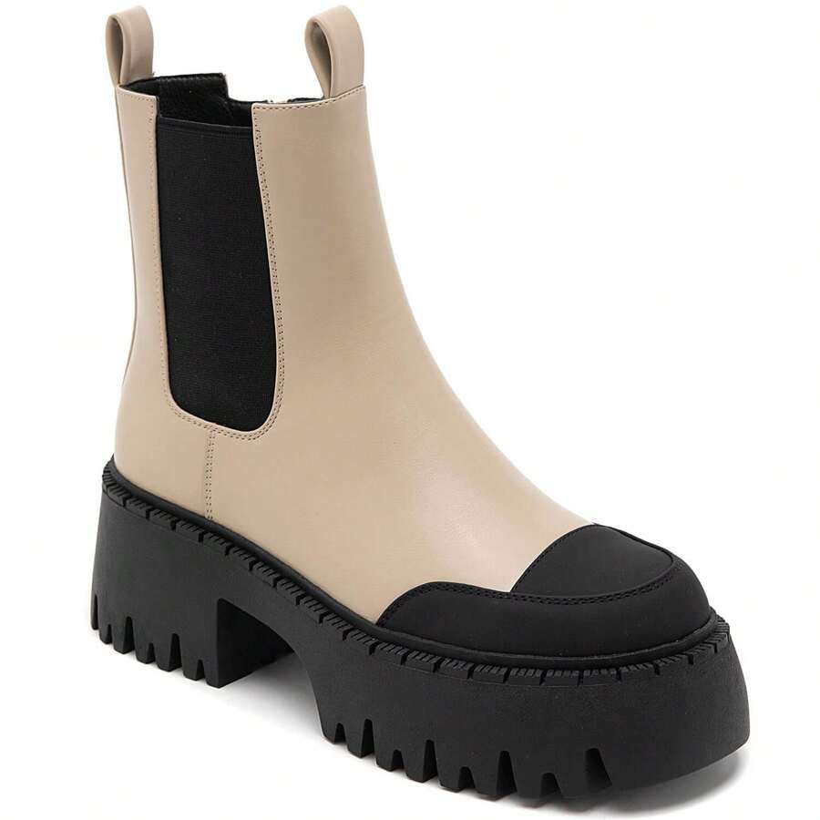 Beige And Black Ankle Boots With Thick, Notched Soles – Bold, Contrasting Design - Khaki - View 1
